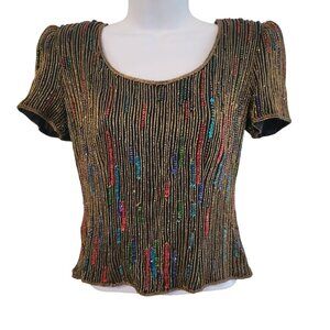 Stenay S Silk Rainbow Beaded Black Top Short Sleeves Sequins Bling Party Vintage
